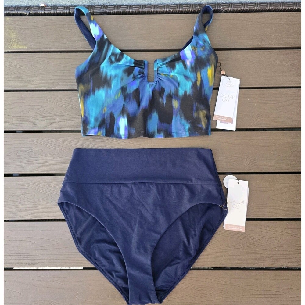 CALIA Women's Longline Bikini U-bar Top & Wide Banded High Rise Bikini Sz S New